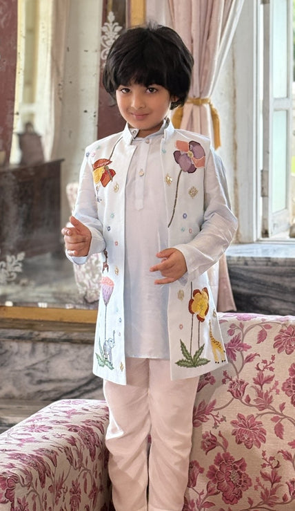 Boy wearing FunnyBones Mint Embroidered Achkan – pastel long koti with floral and animal embroidery