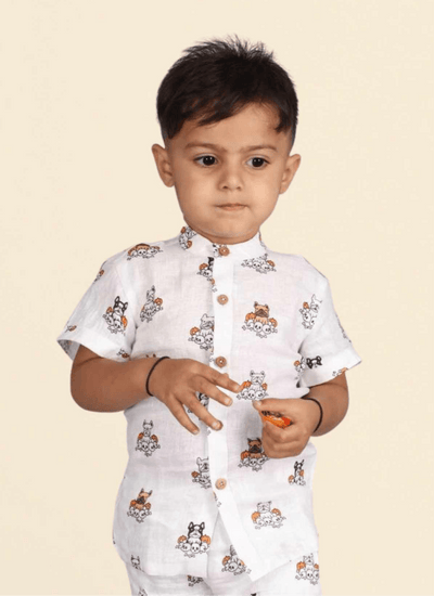 Dog Print Pure Linen Shirt