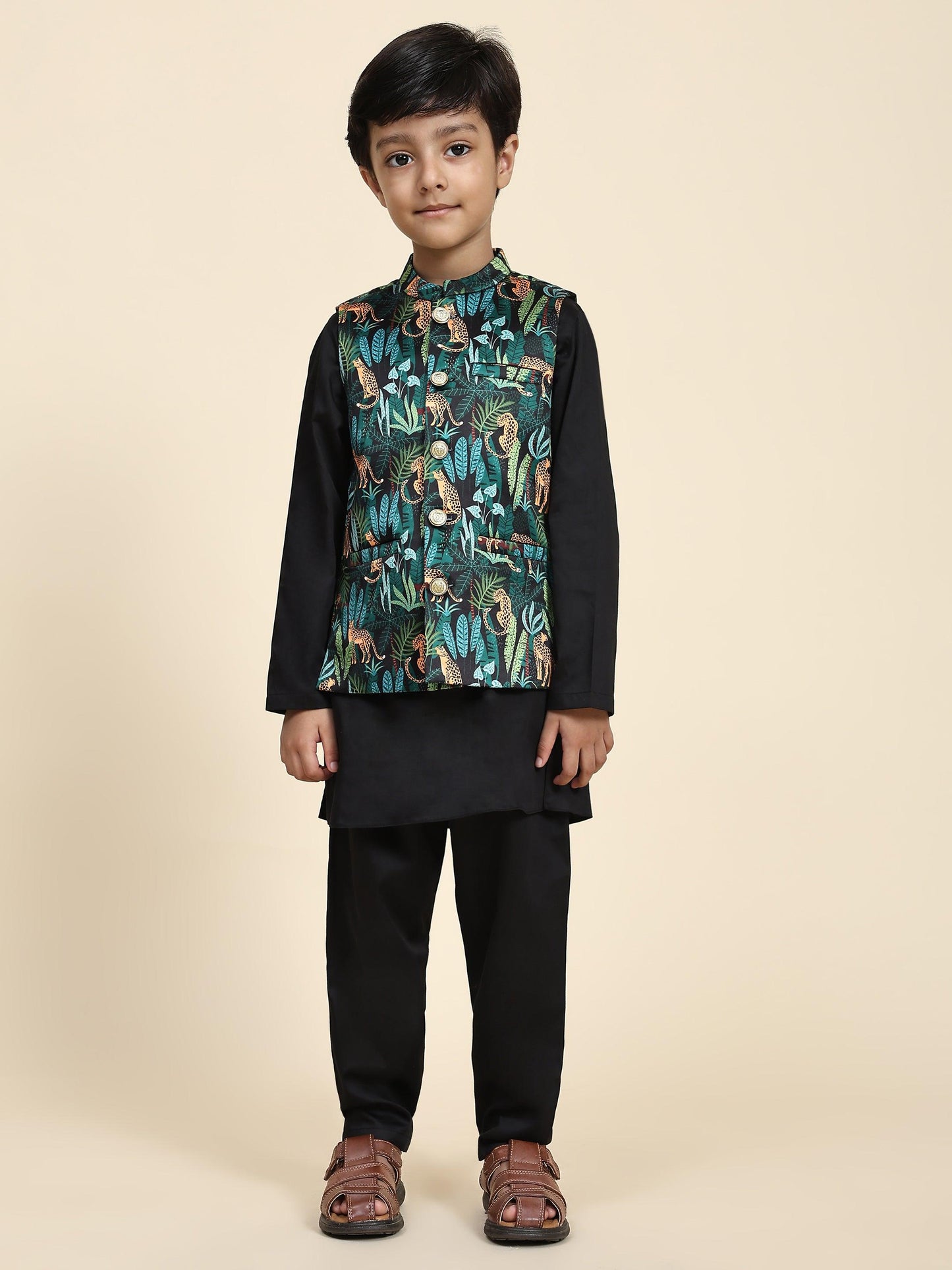 Black Leopard Satin Koti with Black Kurta Pajama Set - Funny Bones Clothings