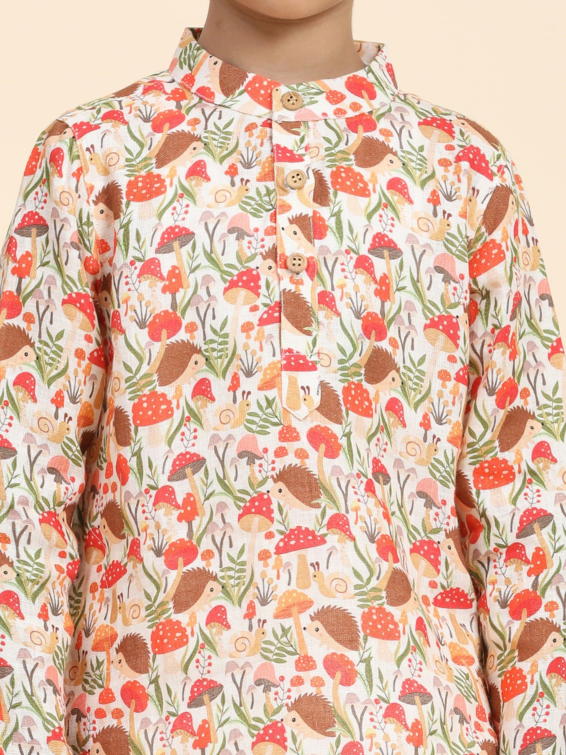Mushroom Print Pure Linen Kurta and Premium Cotton Pajama Set - Funny Bones Clothings