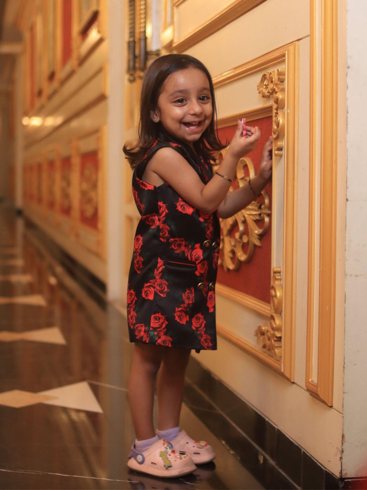 Red Rose Print Satin Blazer Dress - Funny Bones Clothings