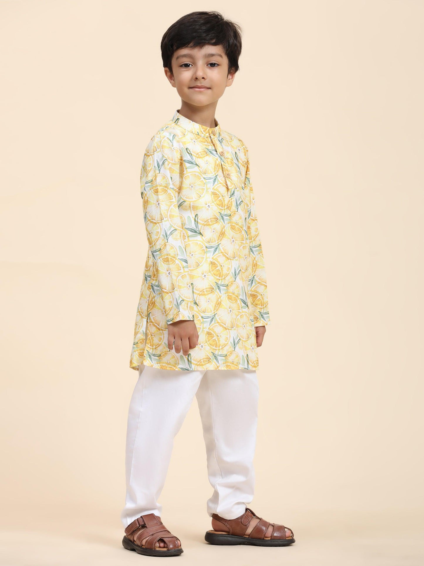 Lemon Print Vestiario's Blend Linen Kurta Pajama Set - Funny Bones Clothings