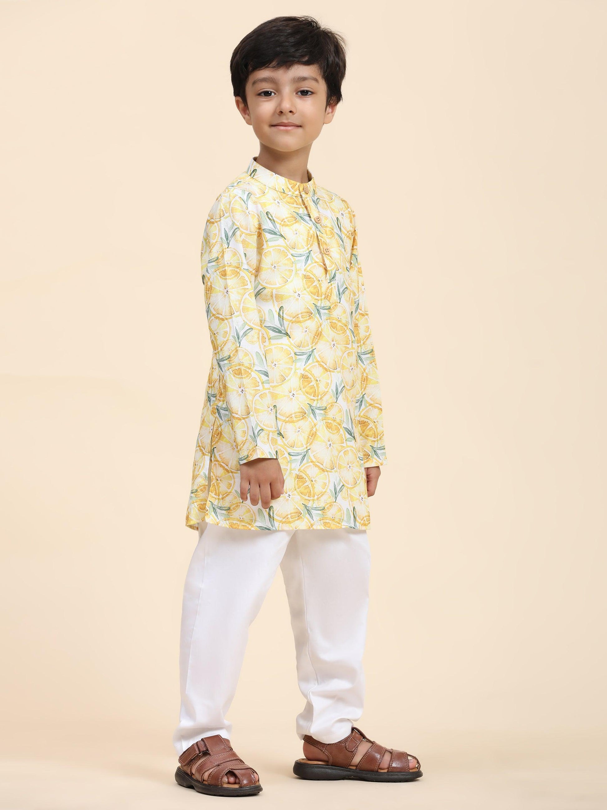 Lemon Print Vestiario's Blend Linen Kurta Pajama Set - Funny Bones Clothings