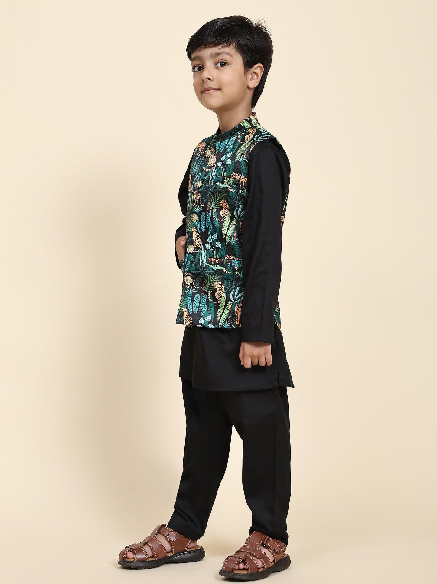 Black Leopard Satin Koti with Black Kurta Pajama Set - Funny Bones Clothings