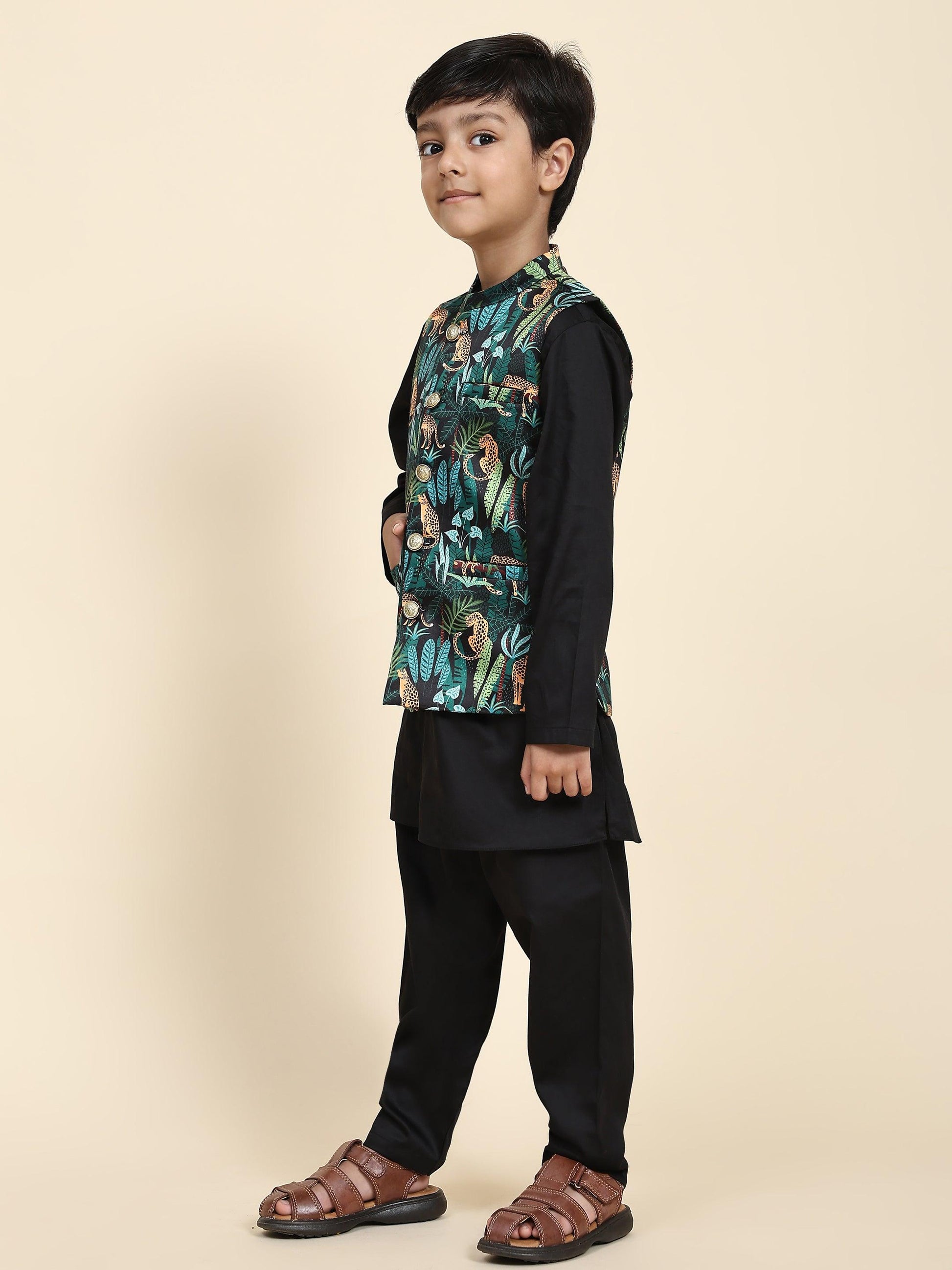 Black Leopard Satin Koti with Black Kurta Pajama Set - Funny Bones Clothings