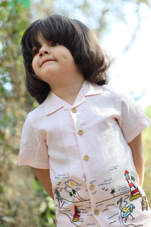 The Serenity By The Shore inspired Pure Linen Handwork Unisex Coord Set - Pink