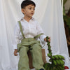 Country Chic Pure Linen Shirt Pants Suspendor Outfit Set - Olive Green Colour