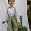 Country Chic Pure Linen Shirt Pants Suspendor Outfit Set - Olive Green Colour
