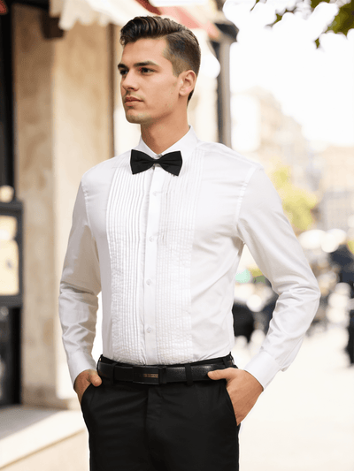 Full Pintex Tuxedo Shirt 100% Premium Cotton Satin for Men (White Colour) - Funny Bones Clothings