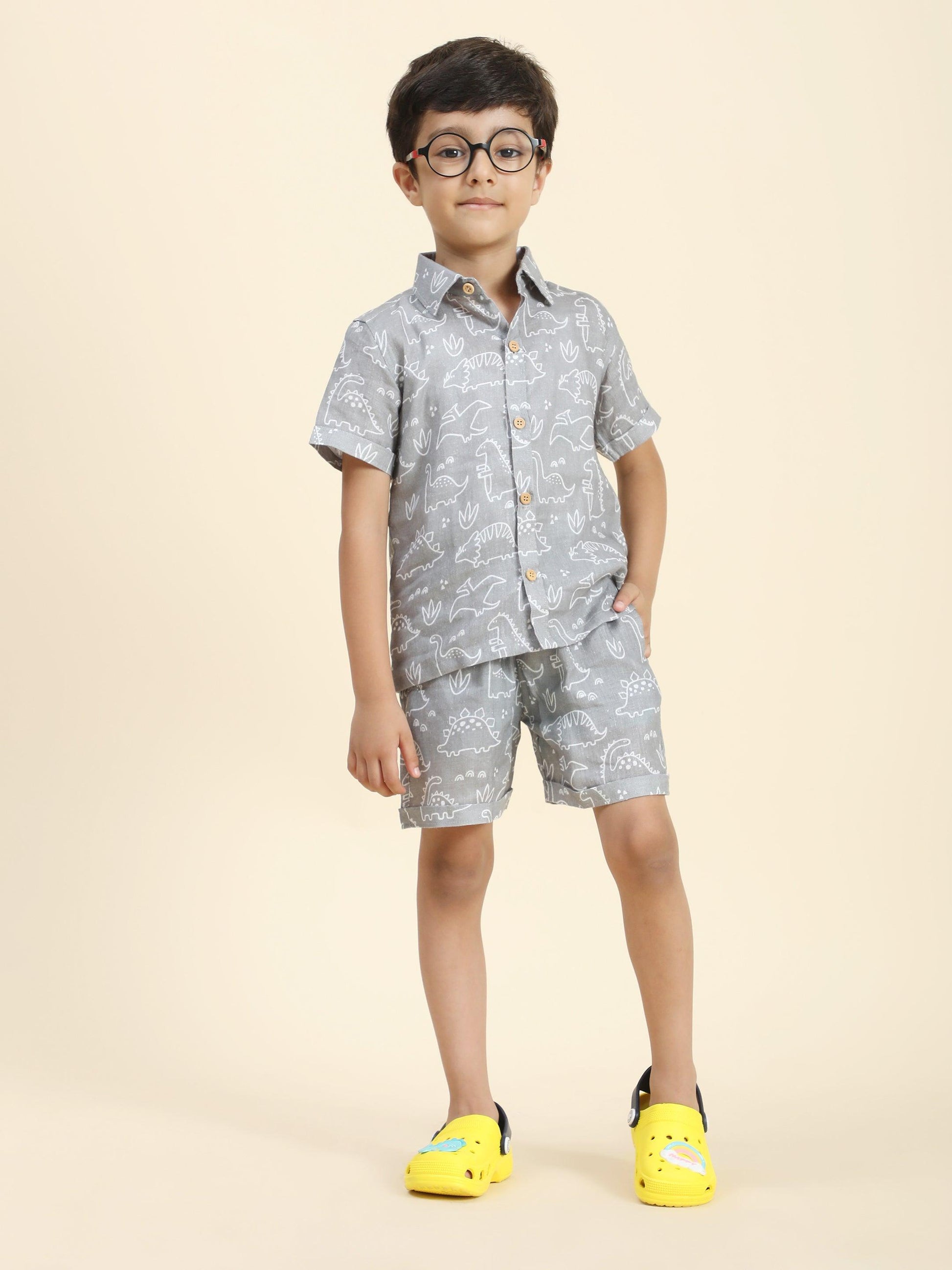 Dino Printed Pure Linen Premium Co-ords - Funny Bones Clothings
