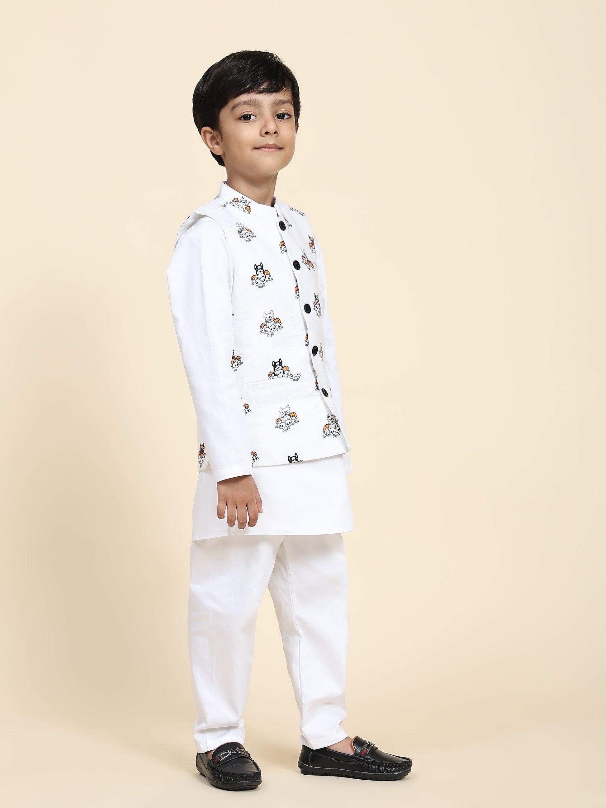 Dog Print Linen Koti with Pure Cotton White Kurta Pajama Set - Funny Bones Clothings