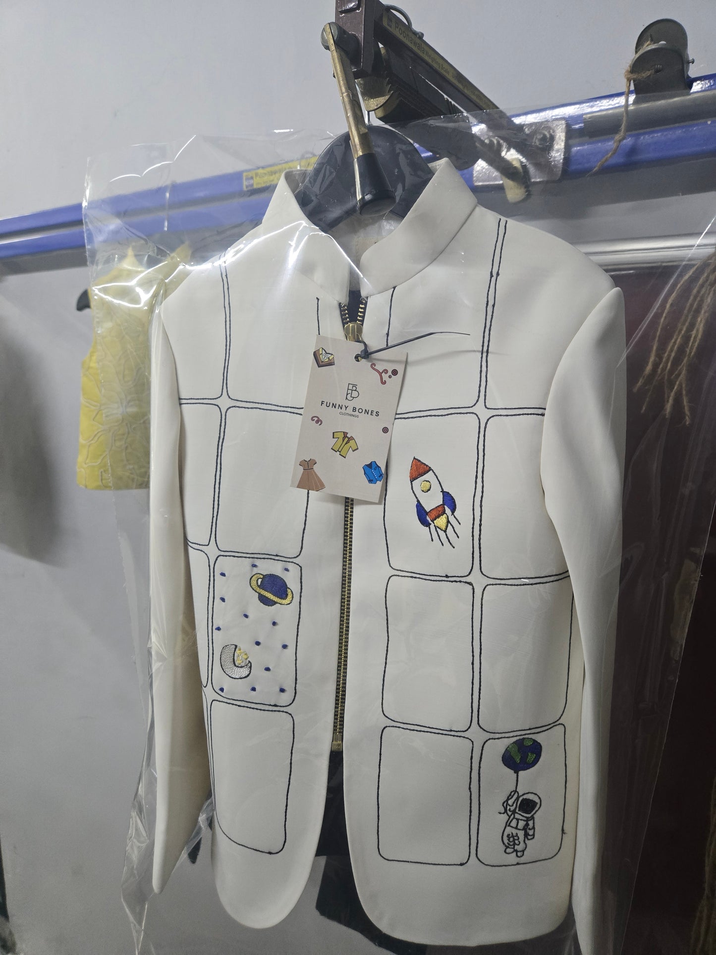 The Space Themed Off White Colour  Zipper Bomber Jacket with Black pants