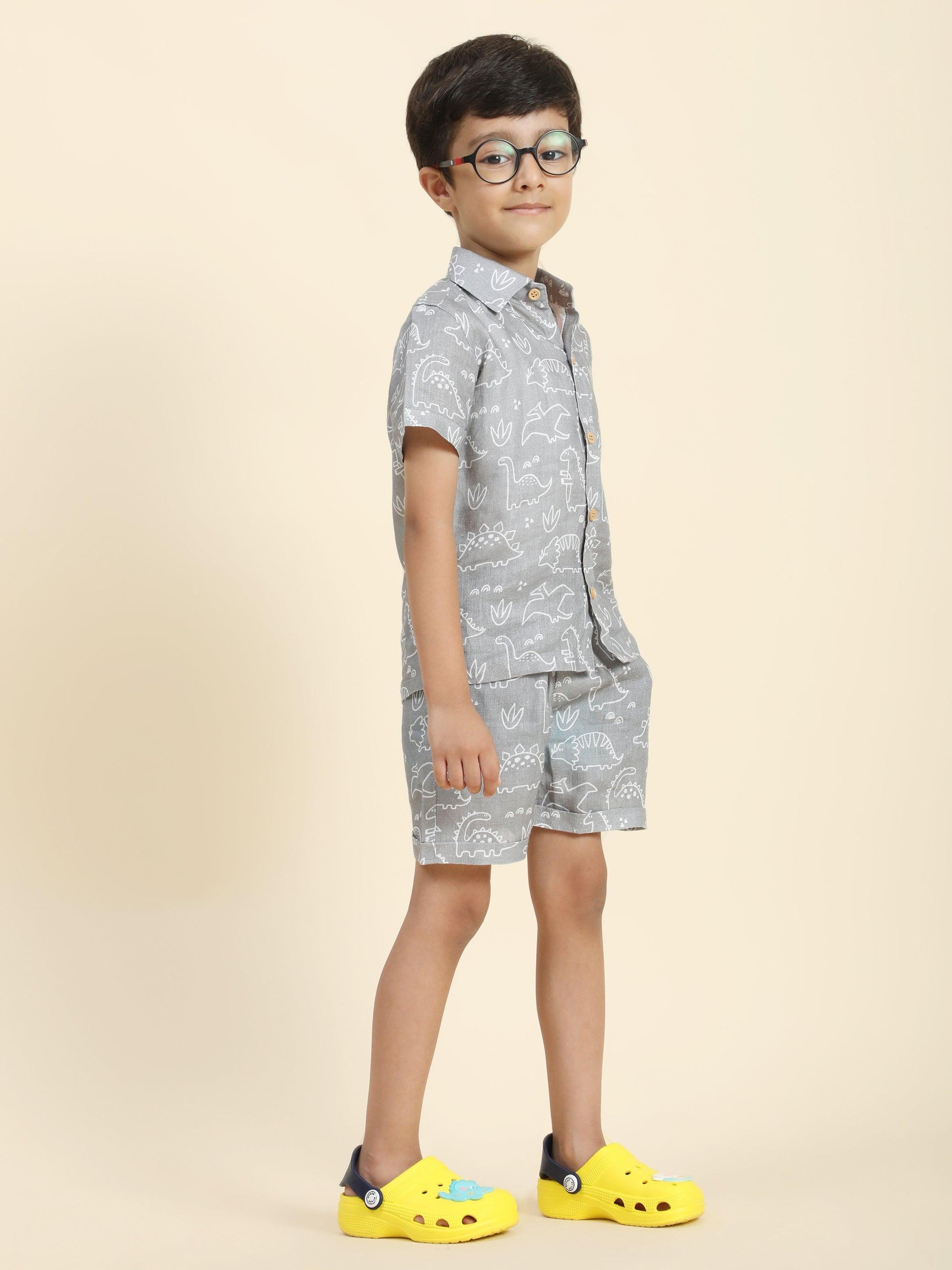 Dino Printed Pure Linen Premium Co-ords - Funny Bones Clothings