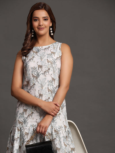 White Leopard Print Pure Linen Dress - Funny Bones Clothings