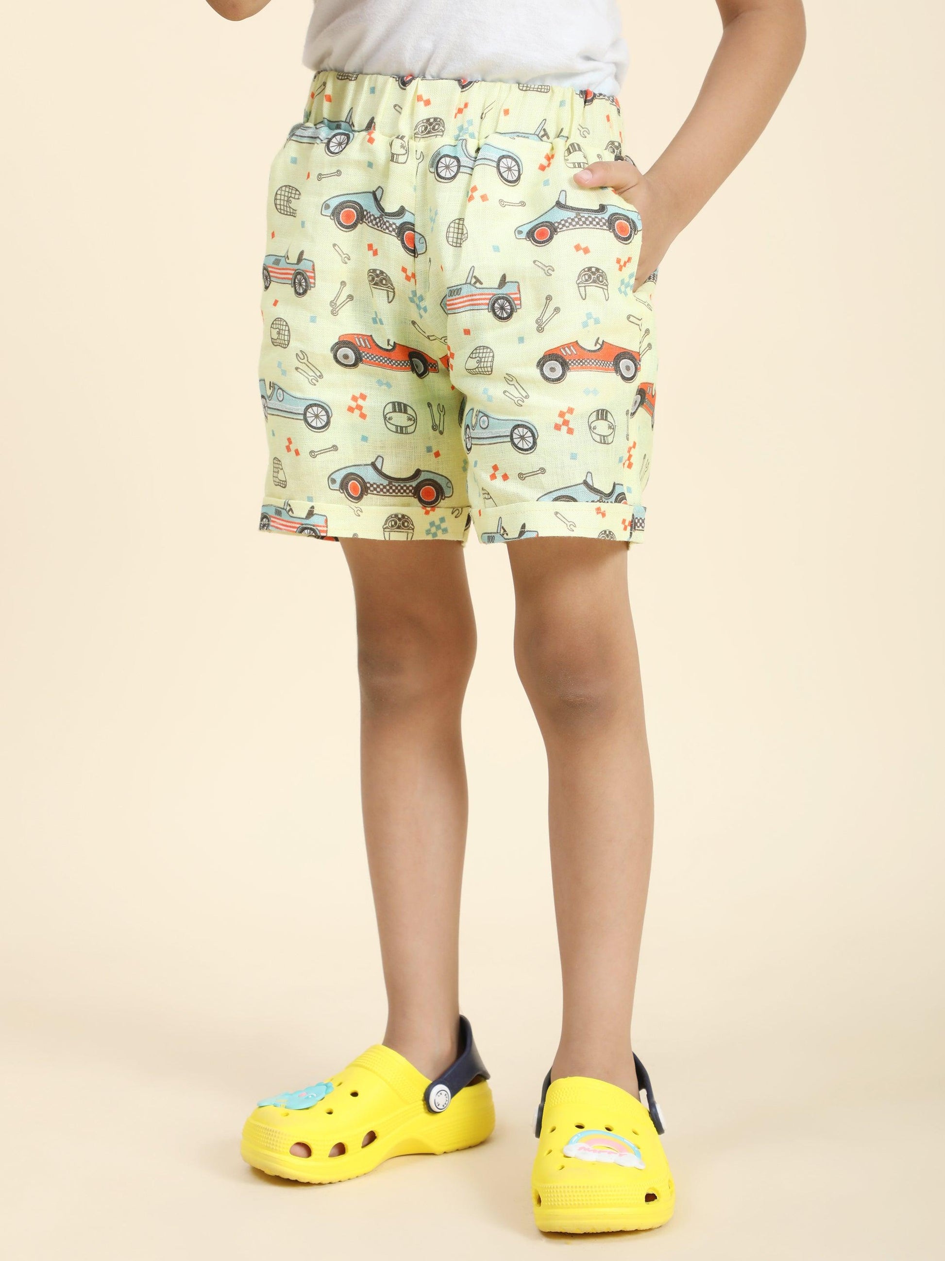 Yellow Car Printed Pure Linen Premium Co-ords - Funny Bones Clothings