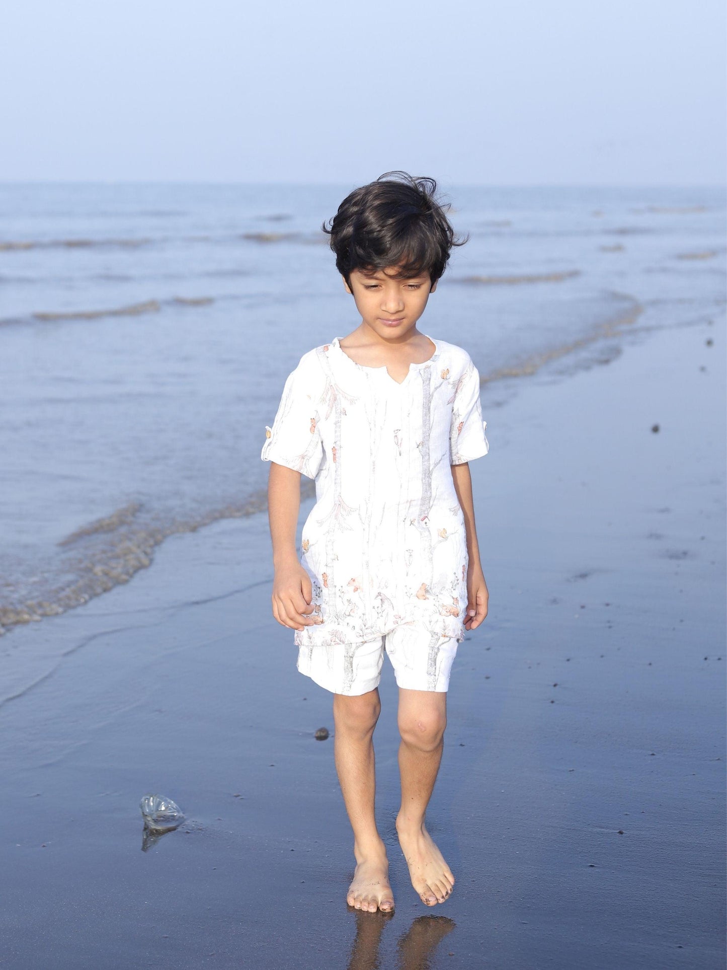 Climbing Bear Print Pure Linen Shirt