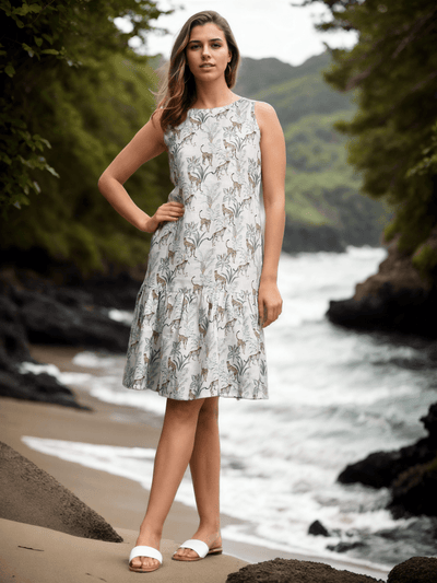 White Leopard Print Pure Linen Dress - Funny Bones Clothings