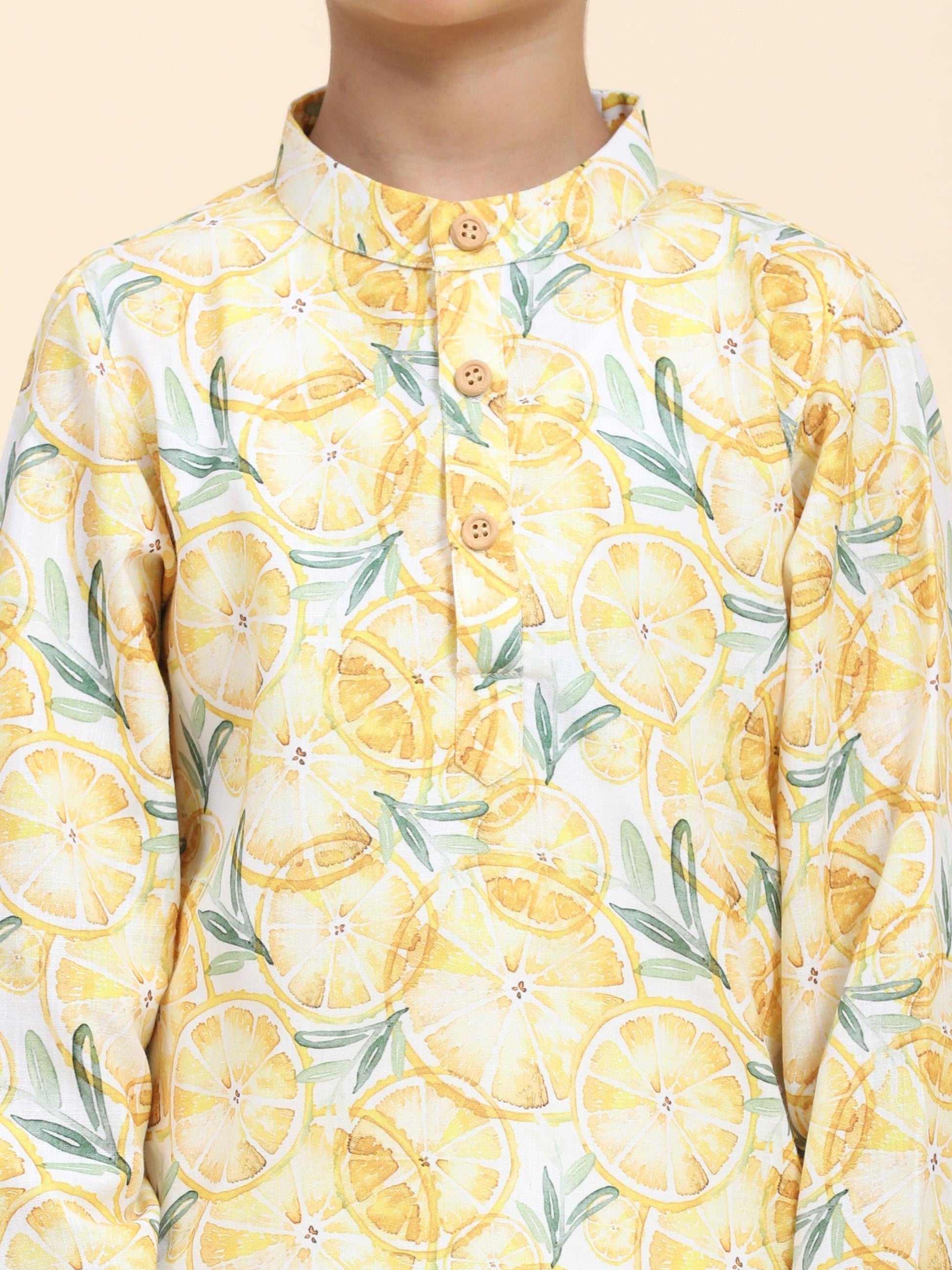 Lemon Print Vestiario's Blend Linen Kurta Pajama Set - Funny Bones Clothings