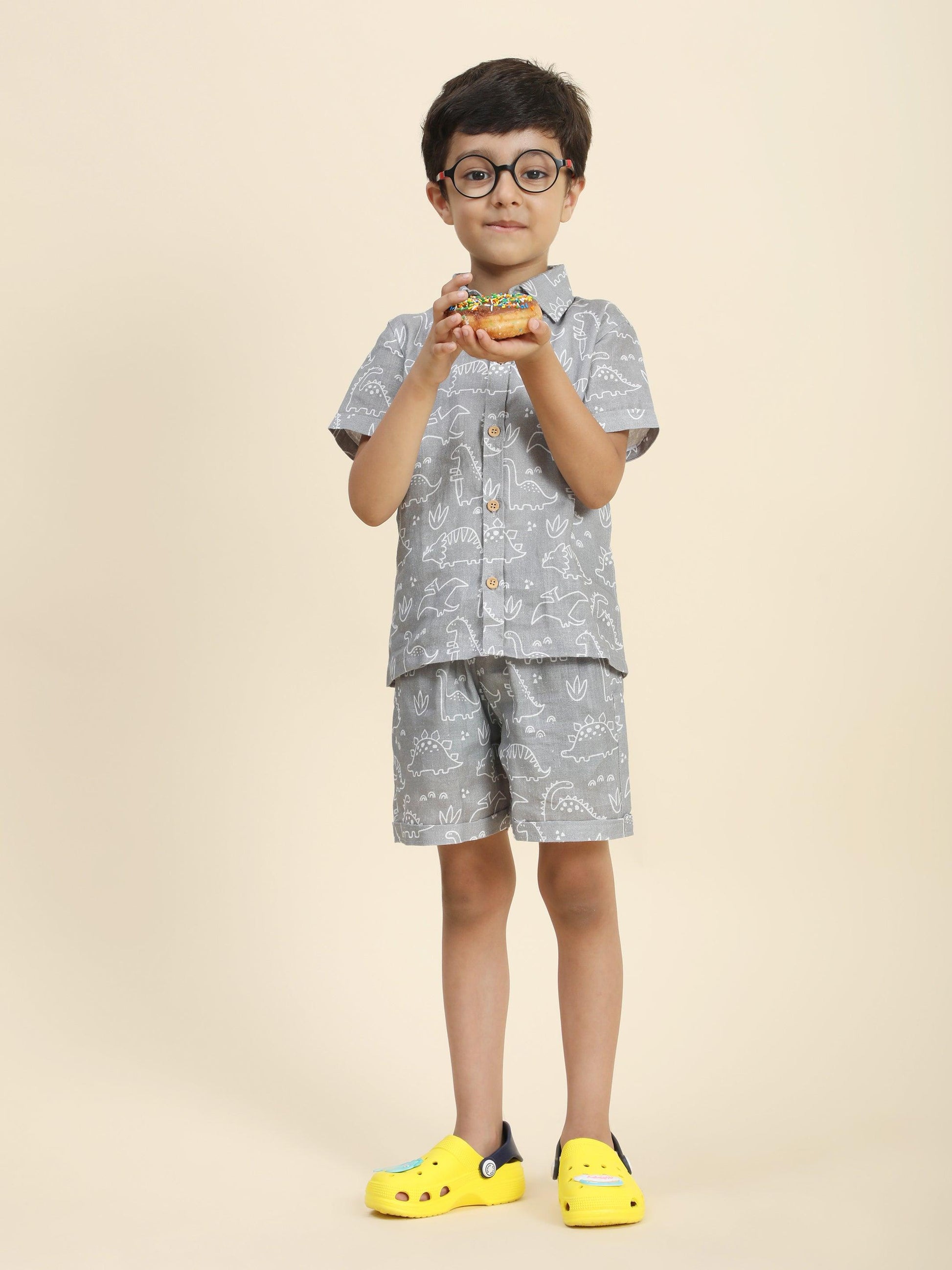 Dino Printed Pure Linen Premium Co-ords - Funny Bones Clothings