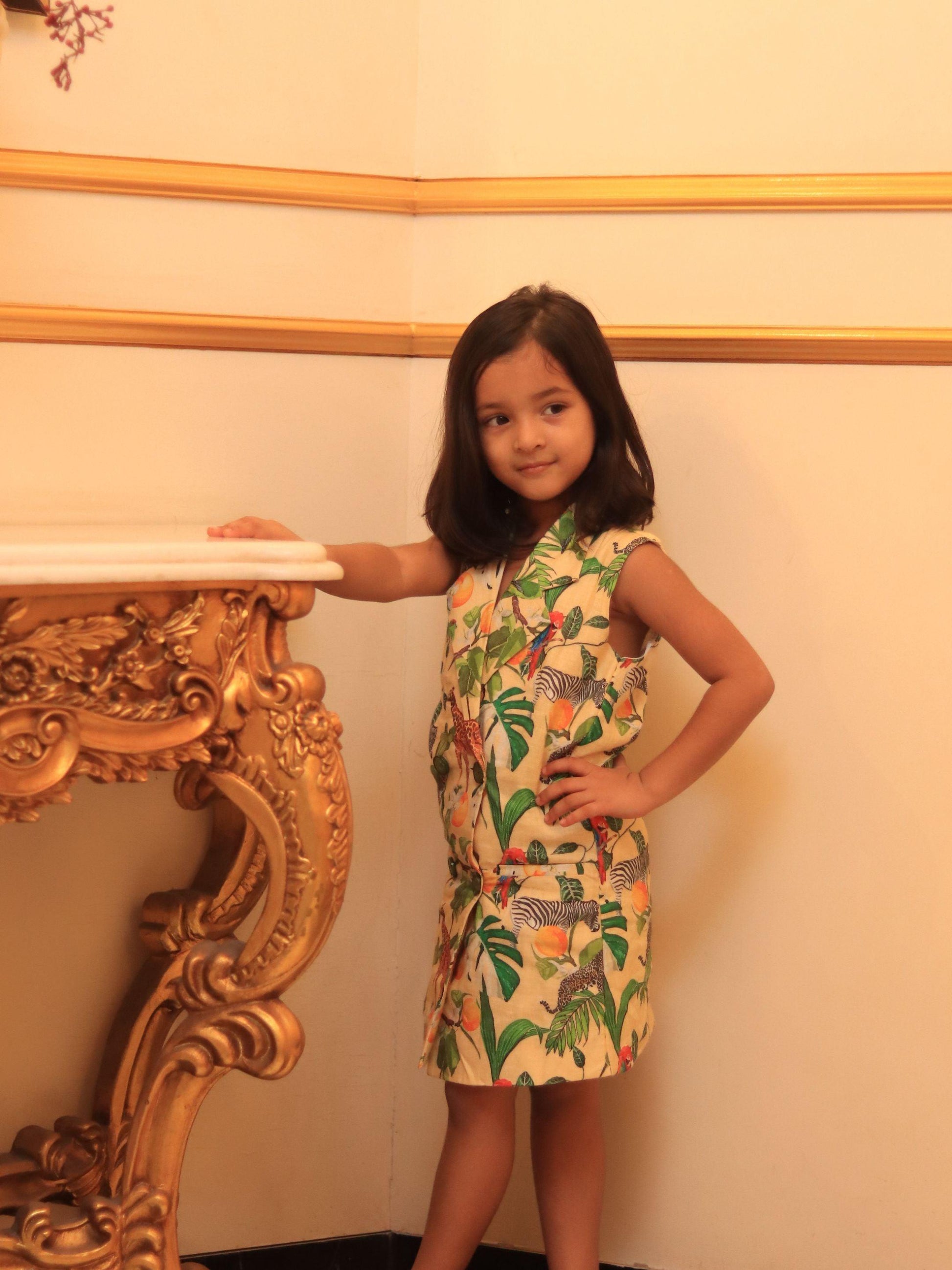 African Forest Print Pure Linen Blazer Dress - Funny Bones Clothings