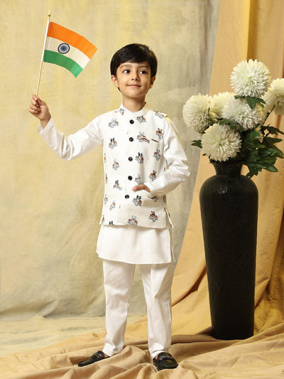 Dog Print Linen Koti with Pure Cotton White Kurta Pajama Set - Funny Bones Clothings