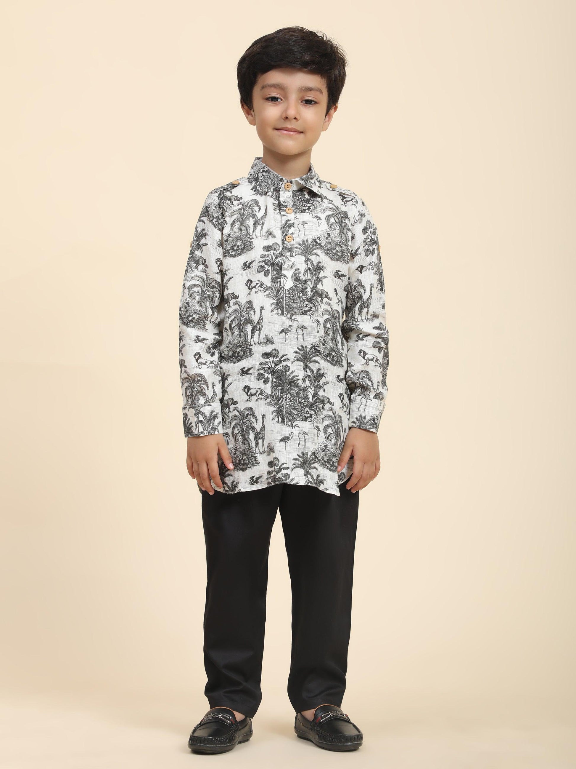 Wildlife Print Pure Linen Kurta and Premium Cotton Pajama Set - Funny Bones Clothings