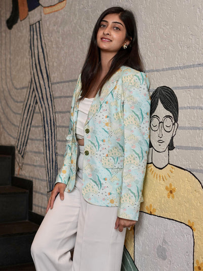 Waterlife Printed Pure Linen Blazer Cotton Trosuer set - Funny Bones Clothings