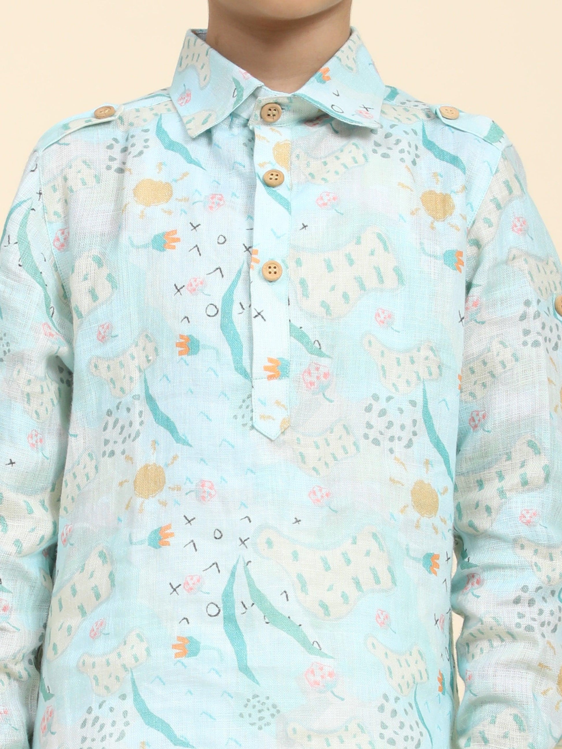 Waterlife Print Pure Linen Kurta and Premium Cotton Pajama Set - Funny Bones Clothings