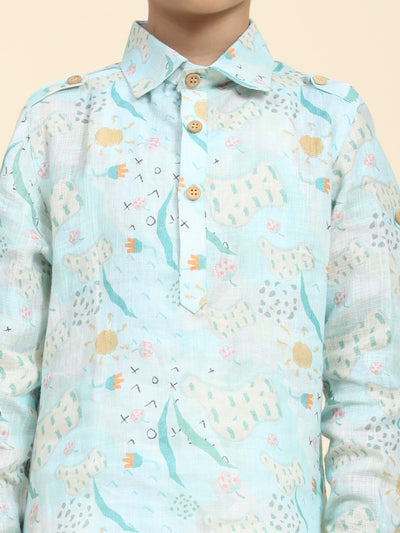 Waterlife Print Pure Linen Kurta and Premium Cotton Pajama Set - Funny Bones Clothings