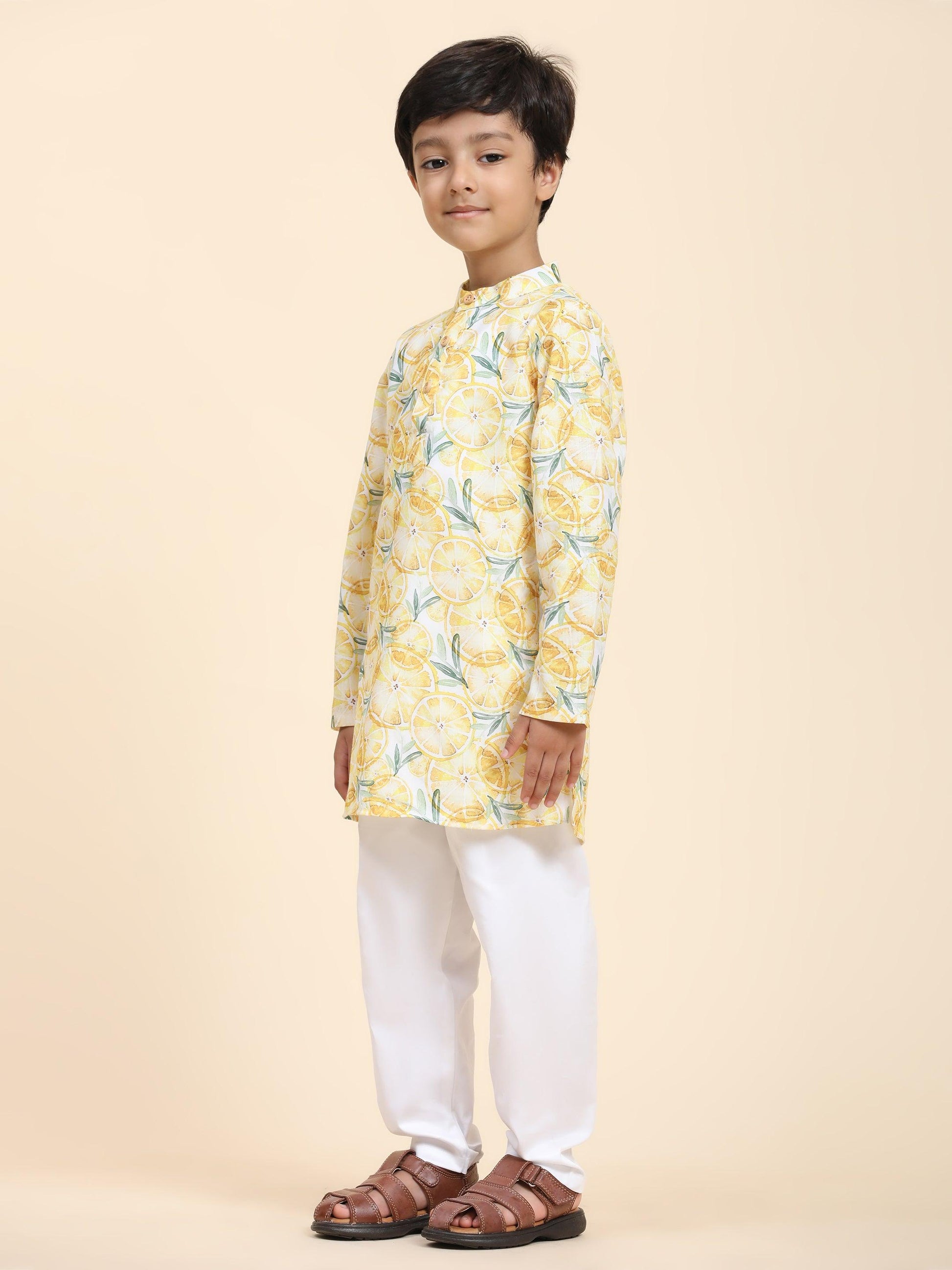 Lemon Print Vestiario's Blend Linen Kurta Pajama Set - Funny Bones Clothings