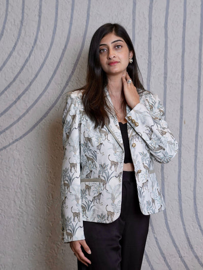 White Leopard Printed Pure Linen Blazer Cotton Trosuer set - Funny Bones Clothings