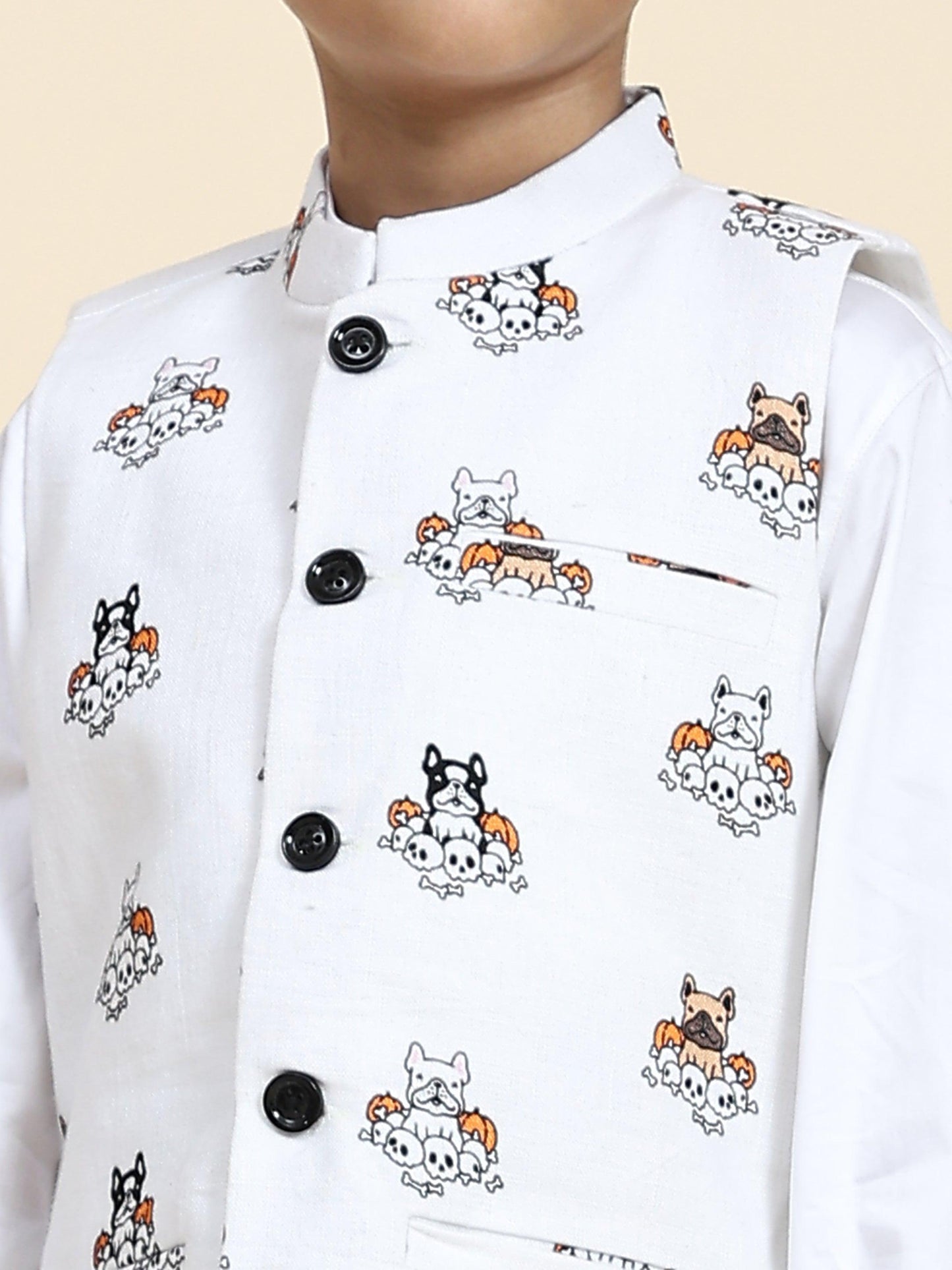 Dog Print Linen Koti with Pure Cotton White Kurta Pajama Set - Funny Bones Clothings