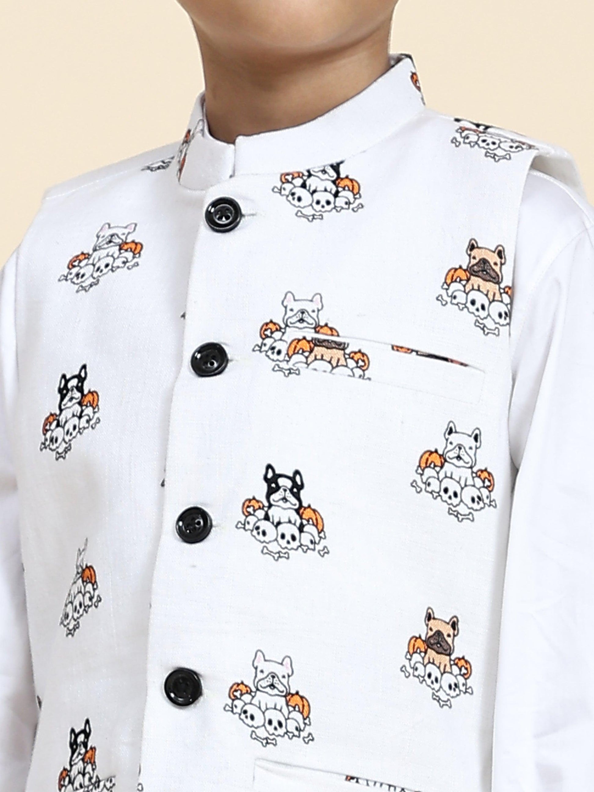 Dog Print Linen Koti with Pure Cotton White Kurta Pajama Set - Funny Bones Clothings