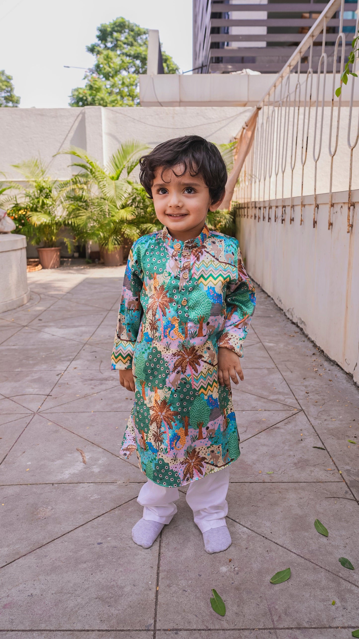 Monkey Print Satin Kurta and Pure Cotton Pajama Set - Funny Bones Clothings