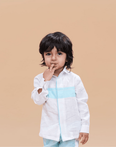 Striped Style White Sky Blue Color Pure Linen Shirt