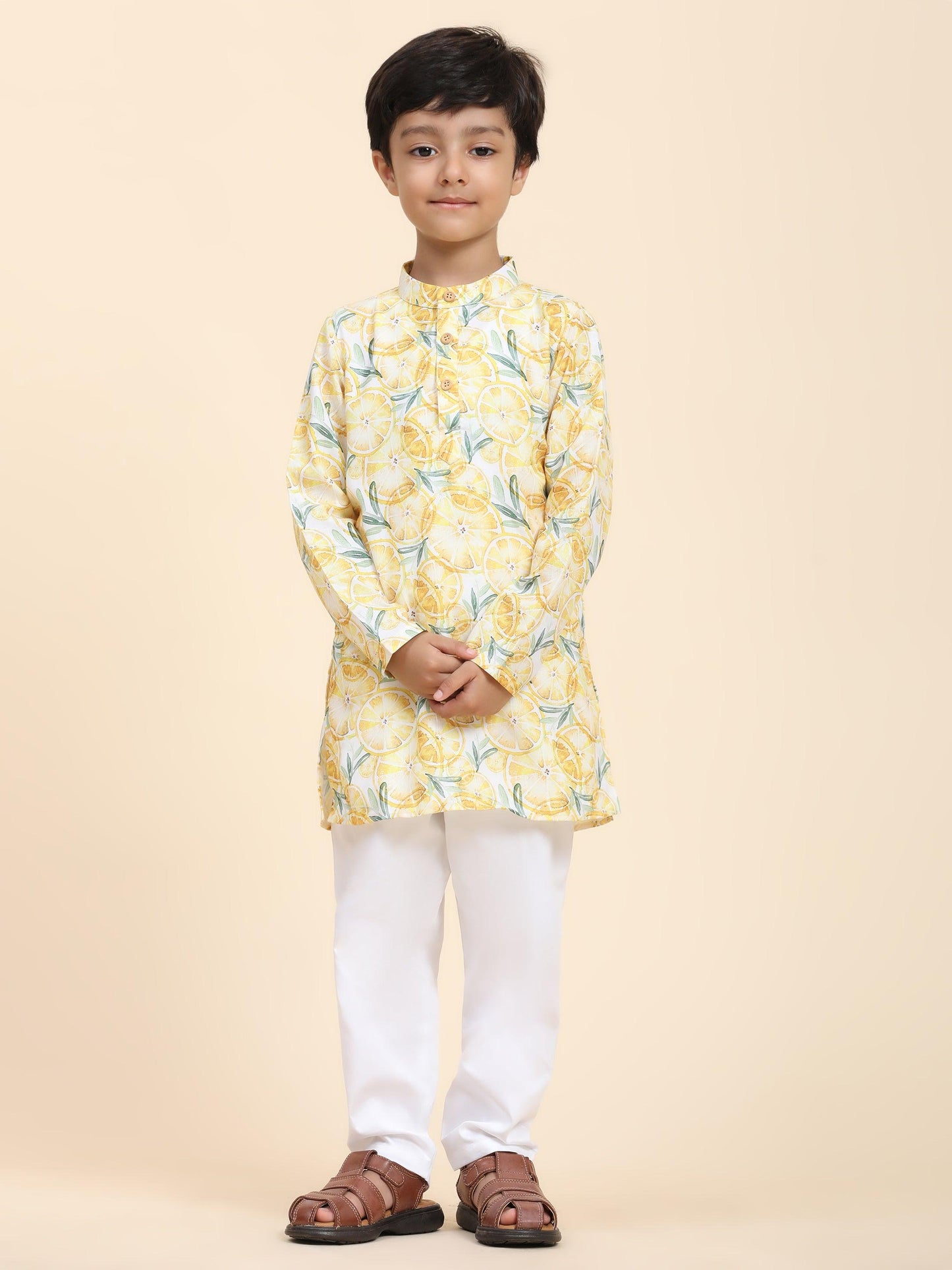 Lemon Print Vestiario's Blend Linen Kurta Pajama Set - Funny Bones Clothings
