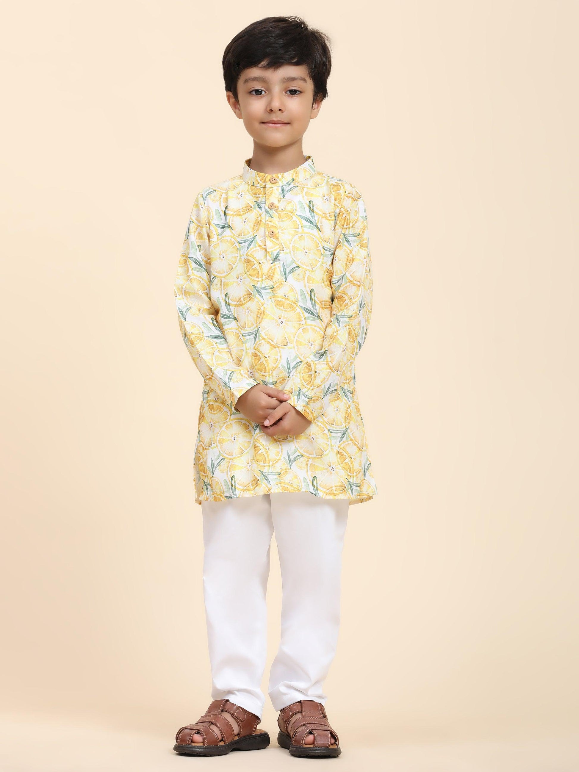 Lemon Print Vestiario's Blend Linen Kurta Pajama Set - Funny Bones Clothings