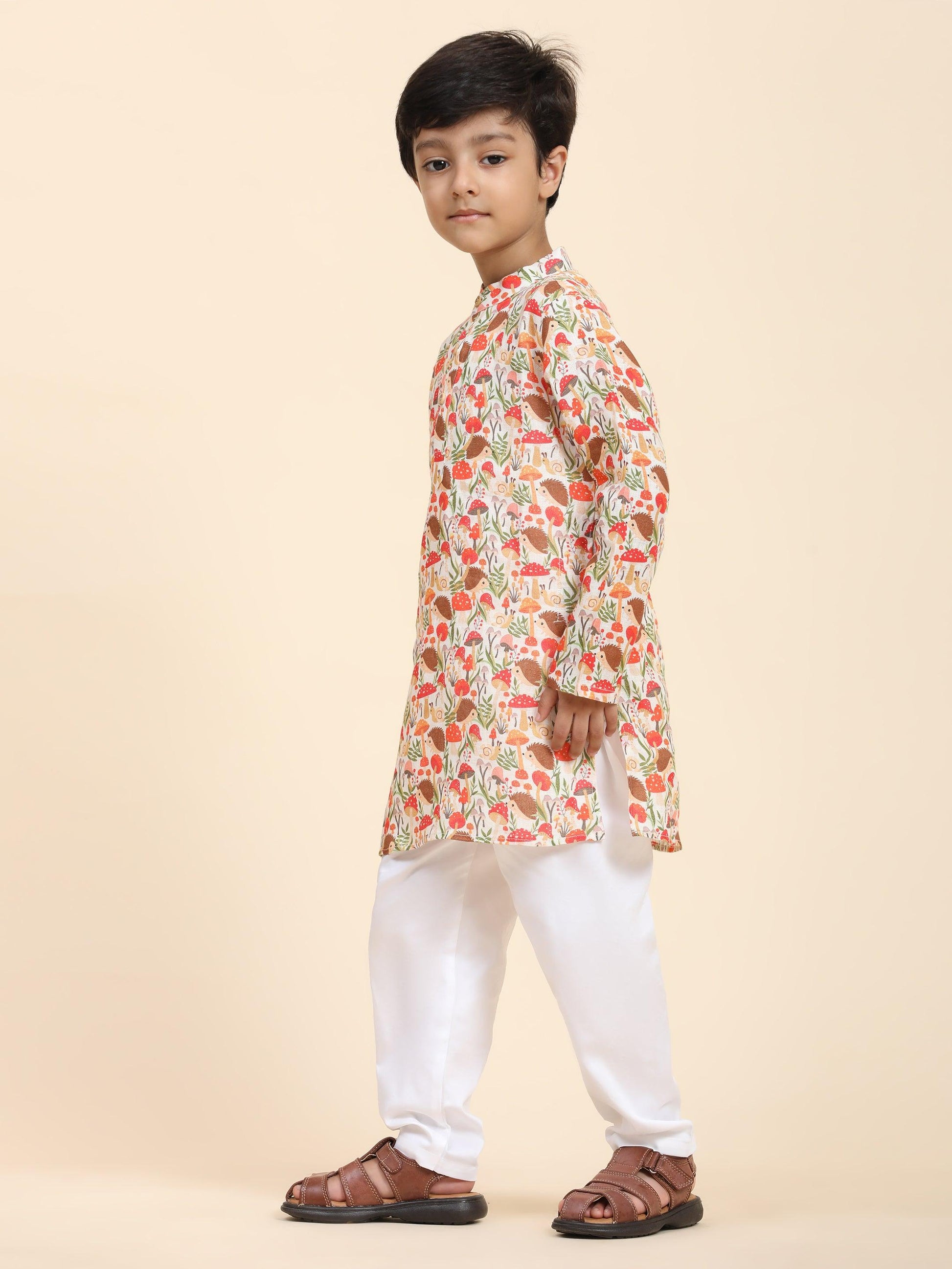 Mushroom Print Pure Linen Kurta and Premium Cotton Pajama Set - Funny Bones Clothings