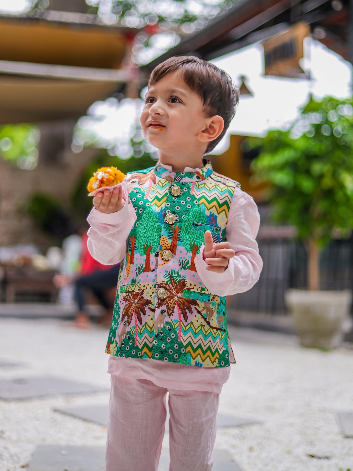 Monkey Print Satin Koti withPink Linen kurta Style Coord Pajama Set - Funny Bones Clothings