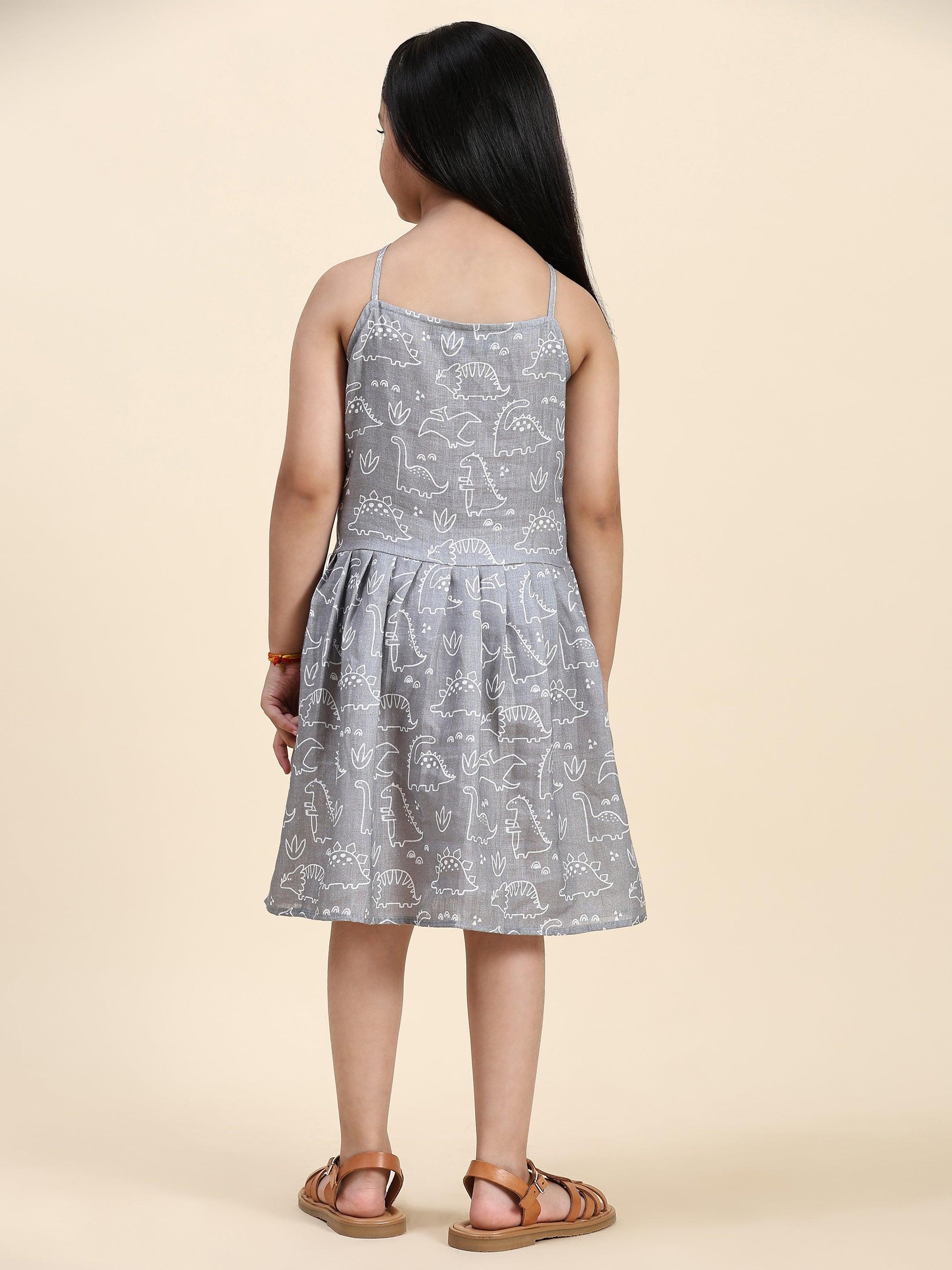 TopSkirt Styled Dino Print Pure Linen Dress - Funny Bones Clothings