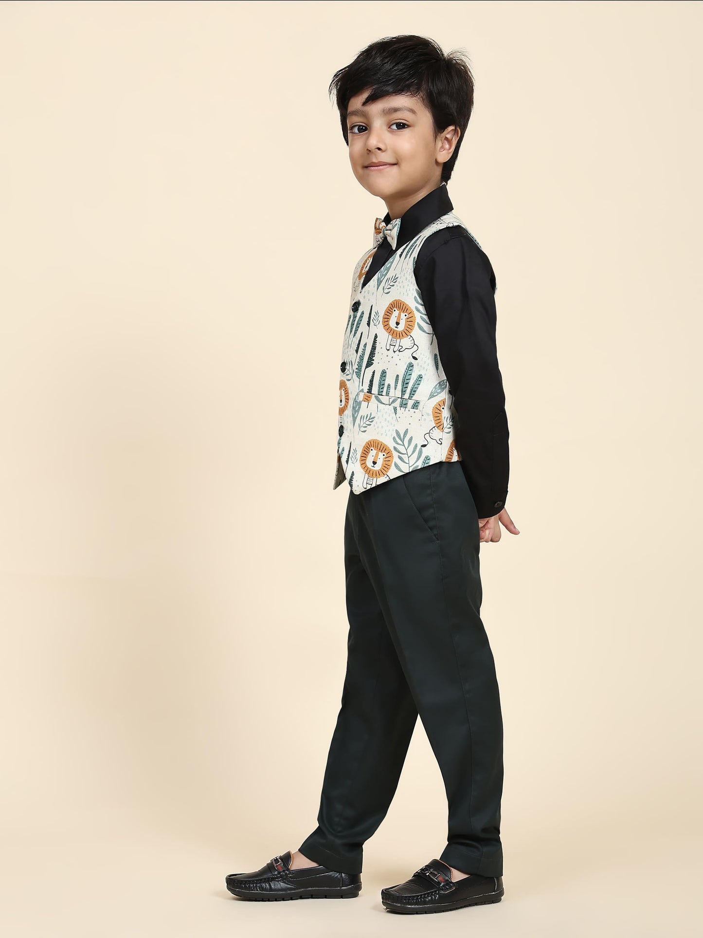 Lion Pure Waist Coat, Black Shirt and Green Trouser Set - Funny Bones Clothings