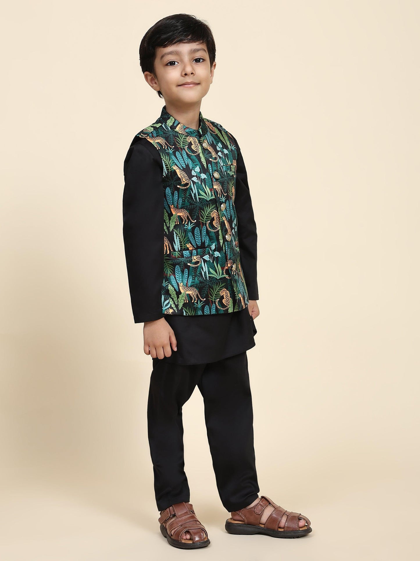 Black Leopard Satin Koti with Black Kurta Pajama Set - Funny Bones Clothings