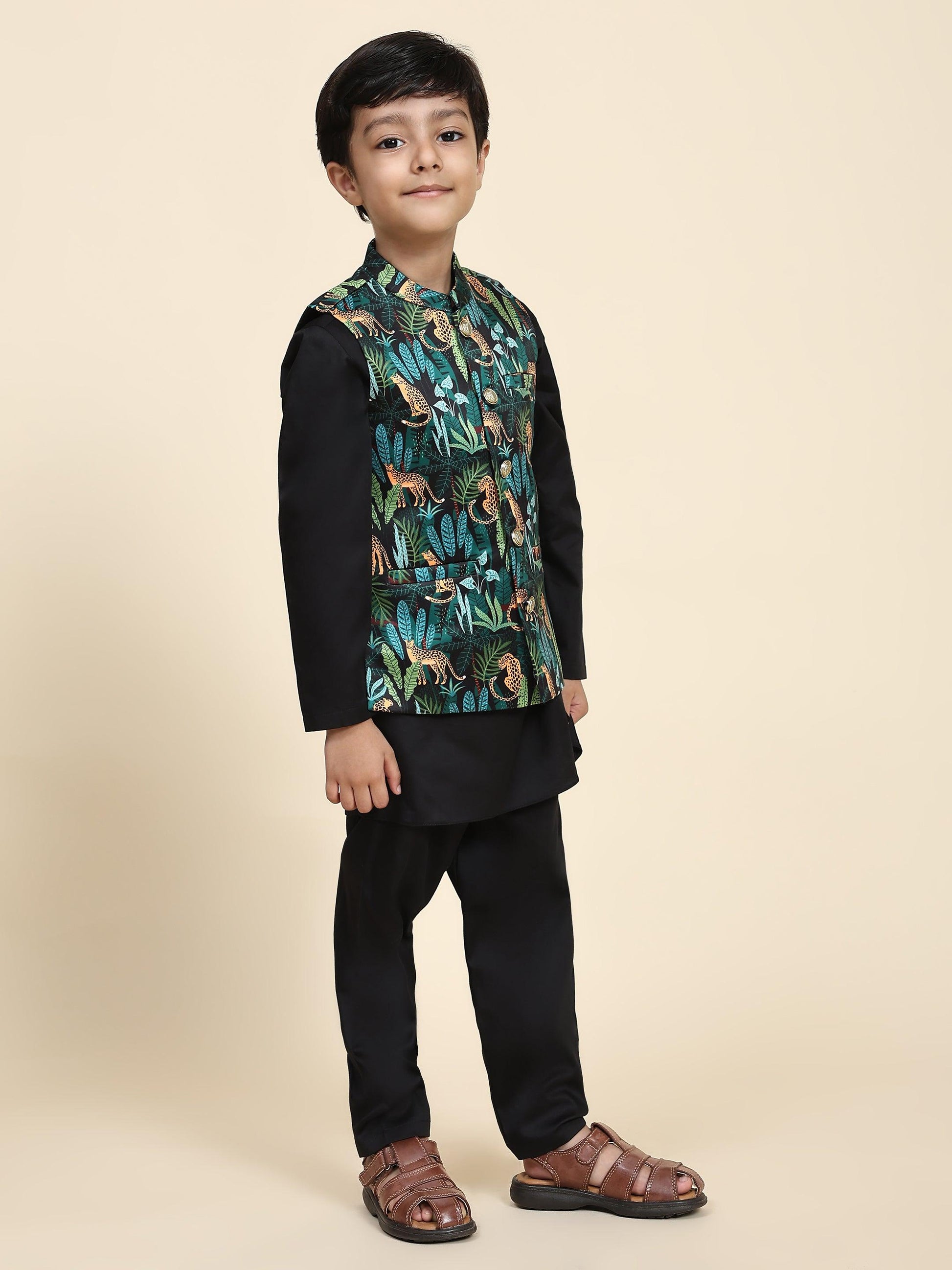 Black Leopard Satin Koti with Black Kurta Pajama Set - Funny Bones Clothings