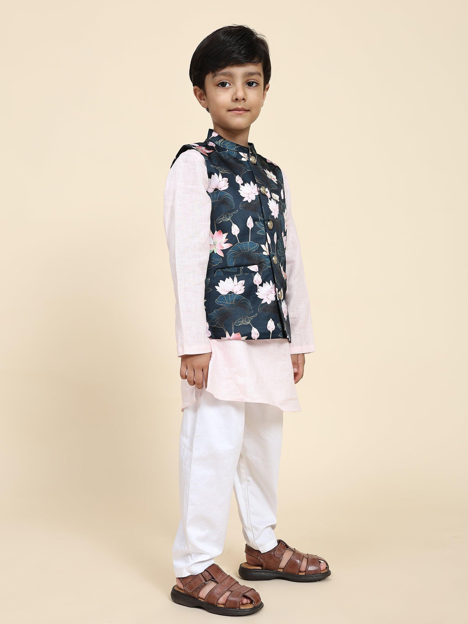Lotus Print Satin Koti with Pink Kurta White Pajama Set - Funny Bones Clothings