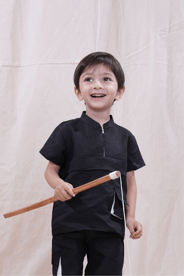Box Pleated Black Color Pure Linen Shirt