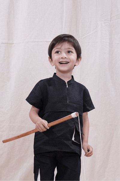 Box Pleated Black Color Pure Linen Shirt