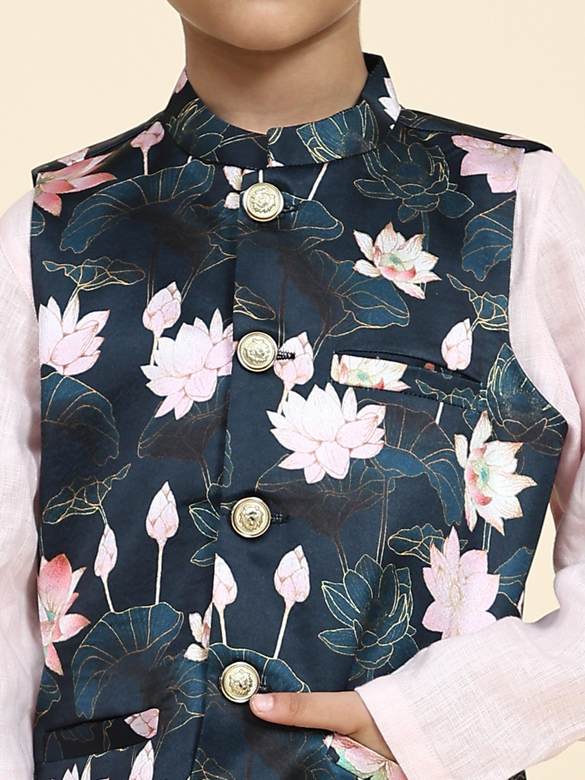 Lotus Print Satin Koti with Pink Kurta White Pajama Set - Funny Bones Clothings