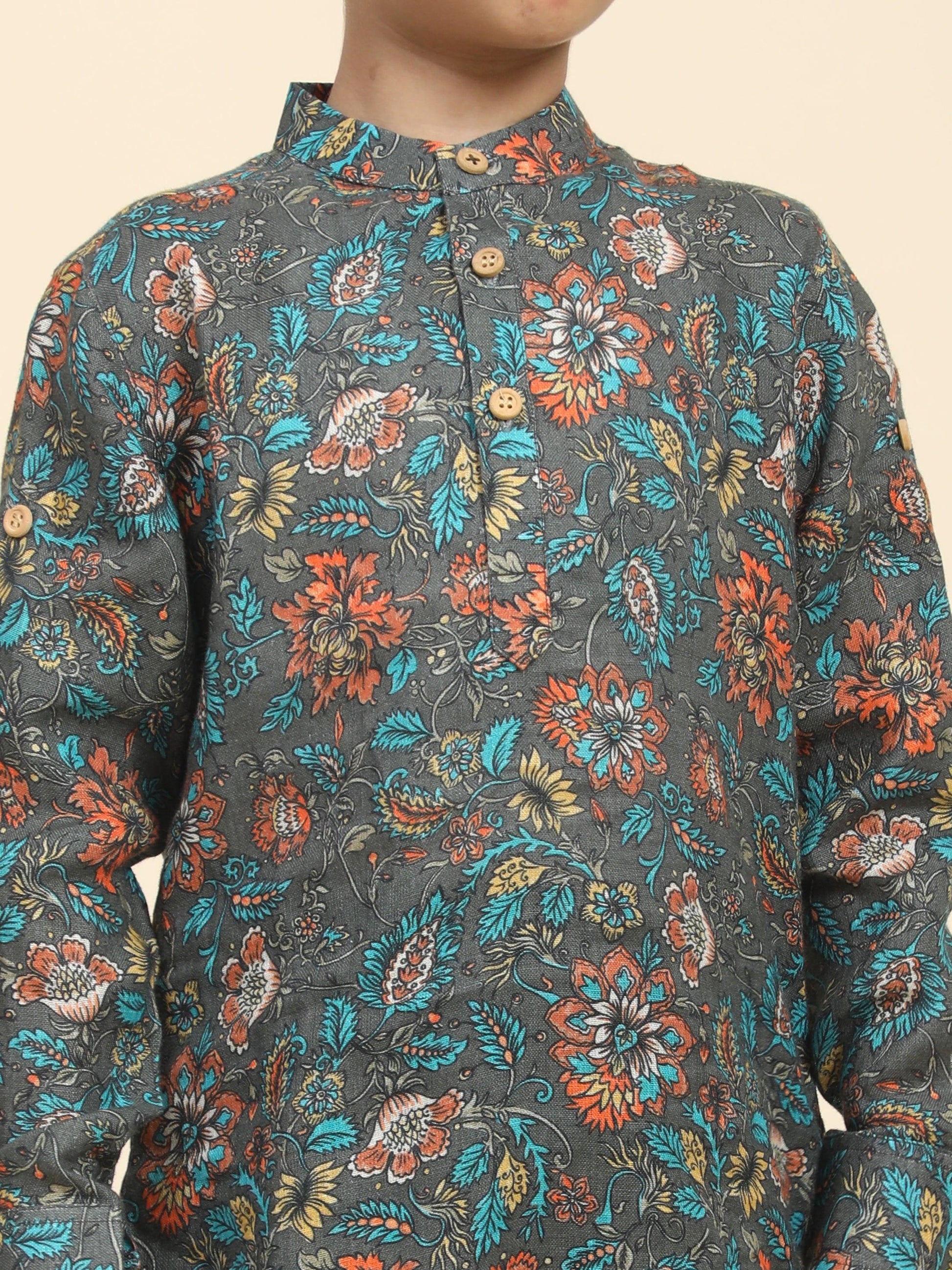 Dark flowers Print Pure Linen Kurta and Pajama Set - Funny Bones Clothings