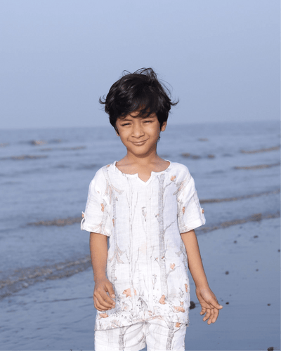 Climbing Bear Print Pure Linen Shirt