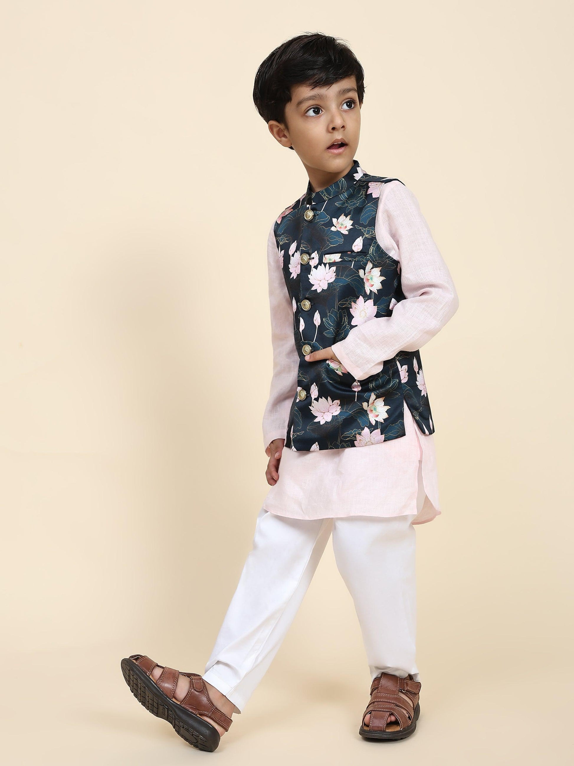 Lotus Print Satin Koti with Pink Kurta White Pajama Set - Funny Bones Clothings